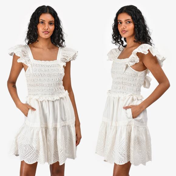 Sea New York Vienne Flutter Sleeve Tie Back Lace Cotton Romantic Smocked Dress - Picture 1 of 12